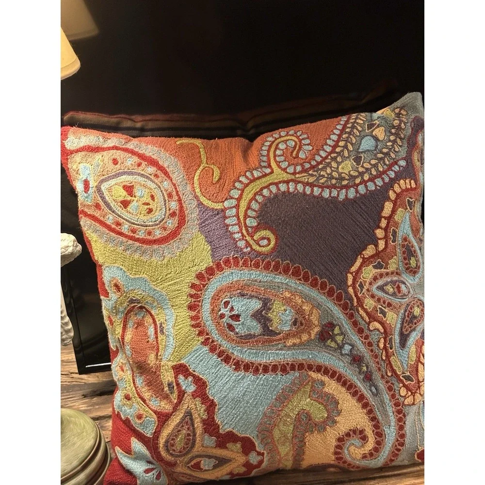 Pier 1 Imports Embroidered Paisley 18x18 Coastal Southwest Sunroom Pillow Cover
